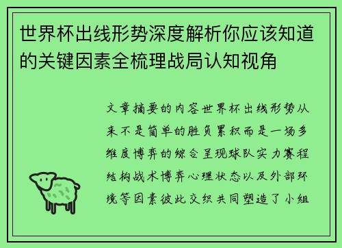 世界杯出线形势深度解析你应该知道的关键因素全梳理战局认知视角