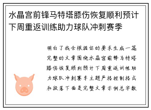 水晶宫前锋马特塔膝伤恢复顺利预计下周重返训练助力球队冲刺赛季